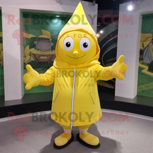 Lemon Yellow Magician mascot costume character dressed with a Windbreaker and Beanies
