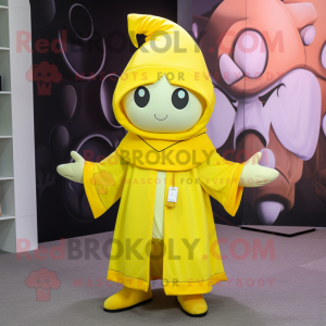 Lemon Yellow Magician mascot costume character dressed with a Windbreaker and Beanies