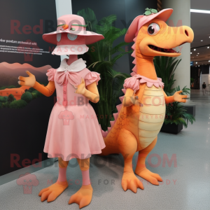 Peach Spinosaurus mascot costume character dressed with a A-Line Dress and Berets