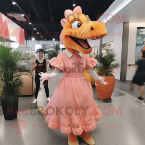 Peach Spinosaurus mascot costume character dressed with a A-Line Dress and Berets