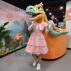 Peach Spinosaurus mascot costume character dressed with a A-Line Dress and Berets
