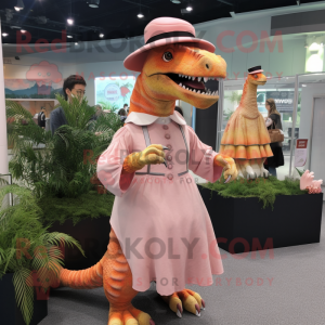 Peach Spinosaurus mascot costume character dressed with a A-Line Dress and Berets