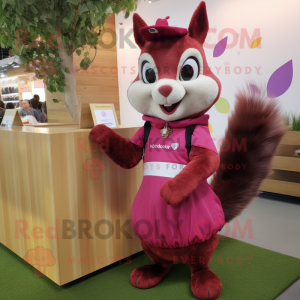 Magenta Squirrel mascot costume character dressed with a A-Line Skirt and Ties