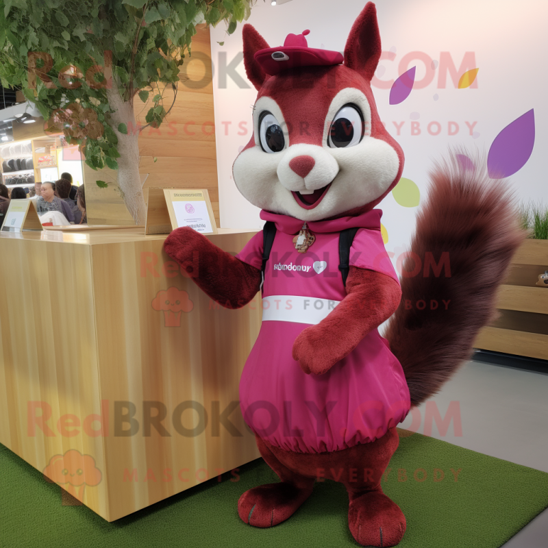 Magenta Squirrel mascot costume character dressed with a A-Line Skirt and Ties