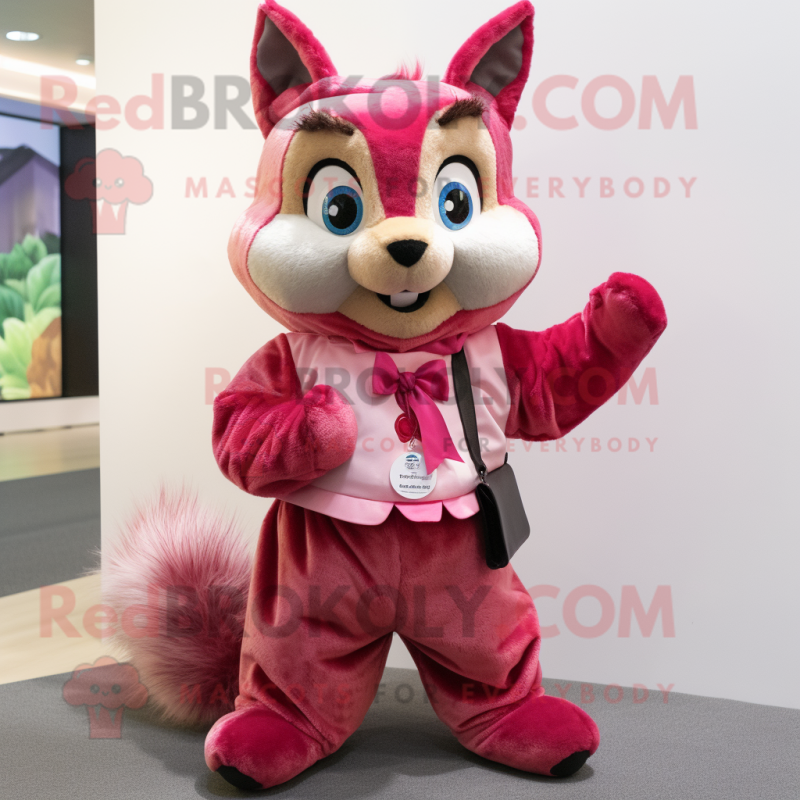 Magenta Squirrel mascot costume character dressed with a A-Line Skirt and Ties