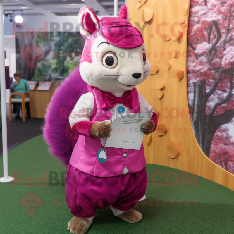 Magenta Squirrel mascot costume character dressed with a A-Line Skirt and Ties