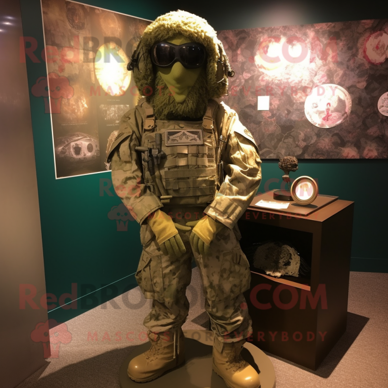 Olive Special Air Service mascot costume character dressed with a Playsuit and Shawl pins