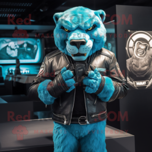 Cyan Smilodon mascot costume character dressed with a Leather Jacket and Wallets