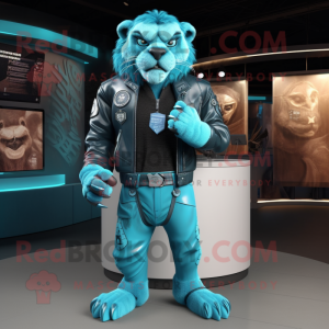 Cyan Smilodon mascot costume character dressed with a Leather Jacket and Wallets