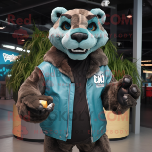 Cyan Smilodon mascot costume character dressed with a Leather Jacket and Wallets