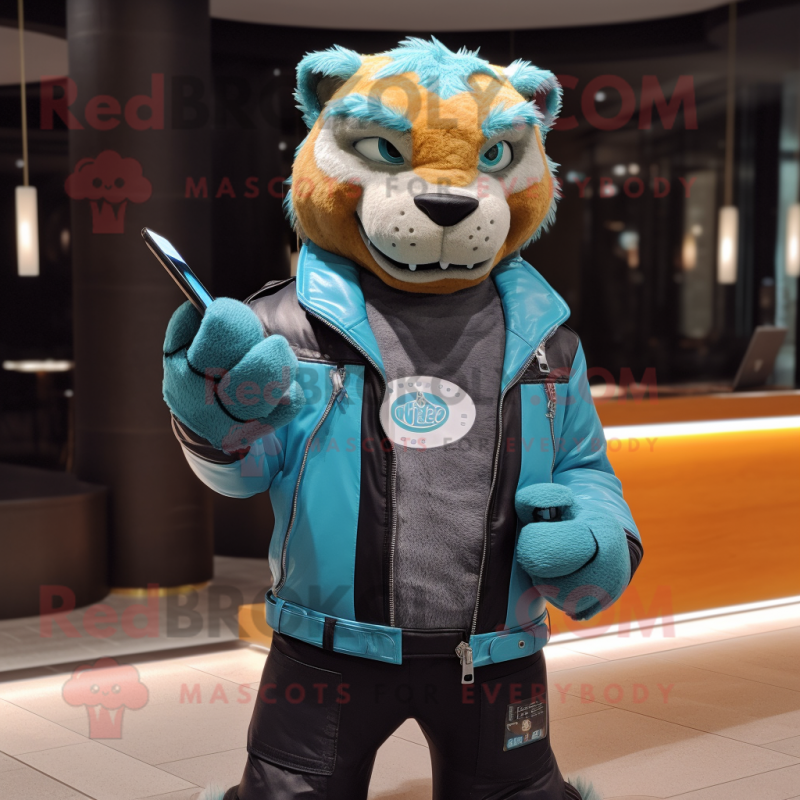 Cyan Smilodon mascot costume character dressed with a Leather Jacket and Wallets