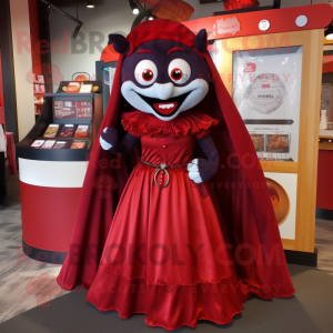 Red Vampire mascot costume character dressed with a Maxi Skirt and Coin purses