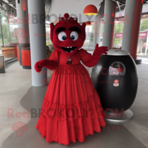 Red Vampire mascot costume character dressed with a Maxi Skirt and Coin purses