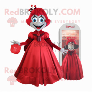 Red Vampire mascot costume character dressed with a Maxi Skirt and Coin purses