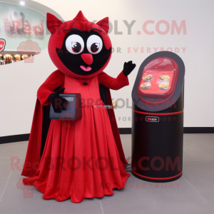 Red Vampire mascot costume character dressed with a Maxi Skirt and Coin purses