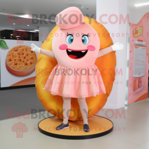 Peach Donut mascot costume character dressed with a Skirt and Foot pads