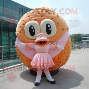 Peach Donut mascot costume character dressed with a Skirt and Foot pads