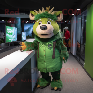 Green Wild Boar mascot costume character dressed with a Playsuit and Keychains