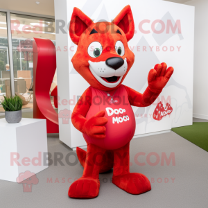 Red Dingo mascot costume character dressed with a A-Line Dress and Foot pads