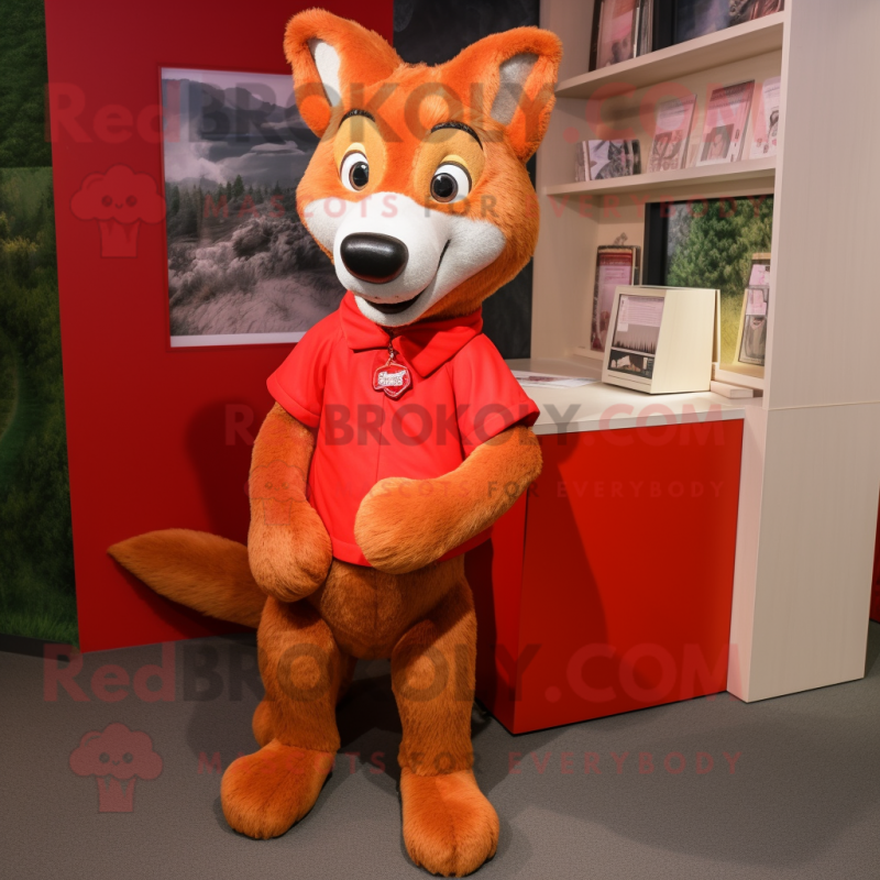 Red Dingo mascot costume character dressed with a A-Line Dress and Foot pads