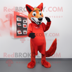 Red Dingo mascot costume character dressed with a A-Line Dress and Foot pads