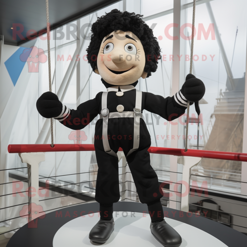 Black Tightrope Walker mascot costume character dressed with a Parka and Suspenders Black Tightrope Walker mascot costume character dressed with a Parka and Suspenders