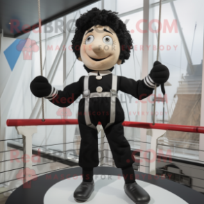 Black Tightrope Walker mascot costume character dressed with a Parka and Suspenders