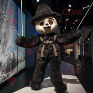 Black Tightrope Walker mascot costume character dressed with a Parka and Suspenders