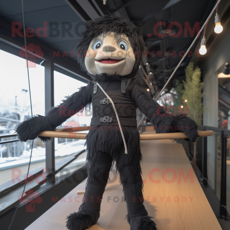 Black Tightrope Walker mascot costume character dressed with a Parka and Suspenders Black Tightrope Walker mascot costume character dressed with a Parka and Suspenders