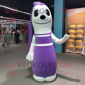 Purple Ermine mascot costume character dressed with a Sheath Dress and Shoe laces