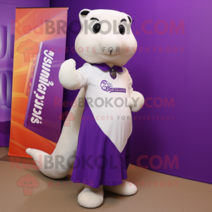 Purple Ermine mascot costume character dressed with a Sheath Dress and Shoe laces