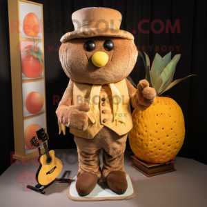 Tan Mango mascot costume character dressed with a Corduroy Pants and Brooches