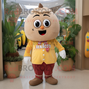 Tan Mango mascot costume character dressed with a Corduroy Pants and Brooches