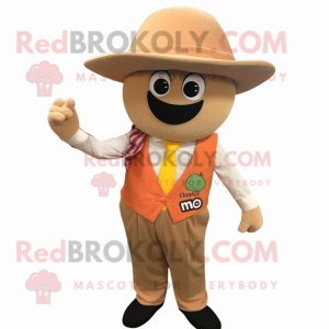 Tan Mango mascot costume character dressed with a Corduroy Pants and Brooches