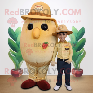 Tan Mango mascot costume character dressed with a Corduroy Pants and Brooches