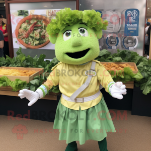 Lime Green Caesar Salad mascot costume character dressed with a Oxford Shirt and Cummerbunds