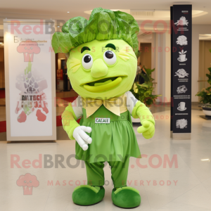Lime Green Caesar Salad mascot costume character dressed with a Oxford Shirt and Cummerbunds