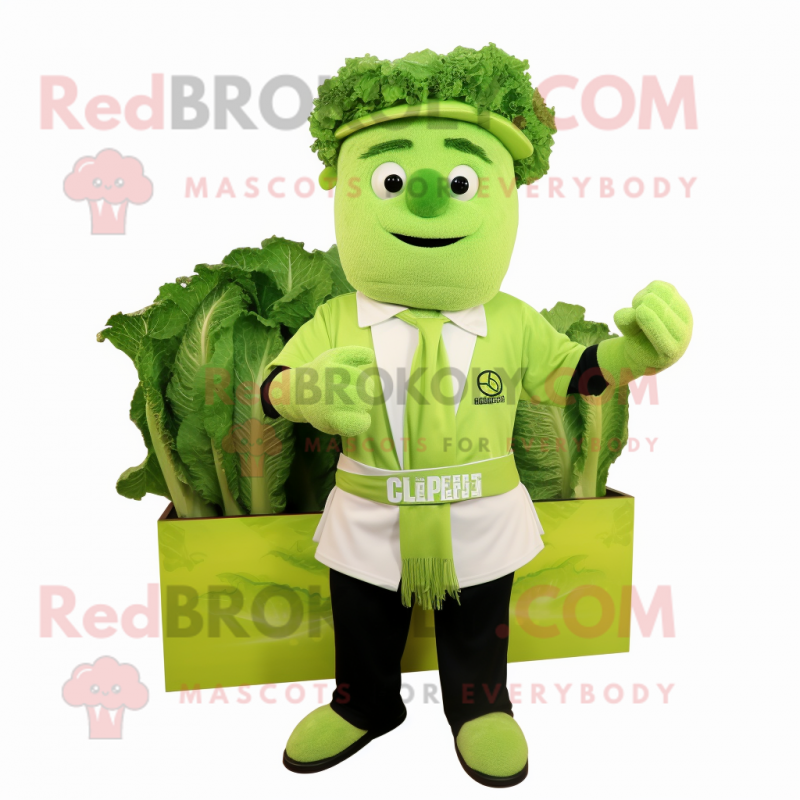 Lime Green Caesar Salad mascot costume character dressed with a Oxford Shirt and Cummerbunds