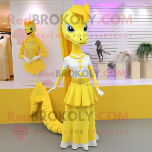 Lemon Yellow Sea Horse mascot costume character dressed with a A-Line Skirt and Belts