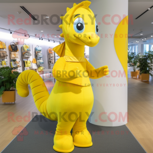 Lemon Yellow Sea Horse mascot costume character dressed with a A-Line Skirt and Belts