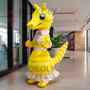 Lemon Yellow Sea Horse mascot costume character dressed with a A-Line Skirt and Belts