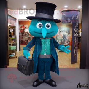Teal Magician mascot costume character dressed with a Oxford Shirt and Messenger bags