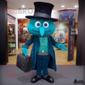 Teal Magician mascot costume character dressed with a Oxford Shirt and Messenger bags