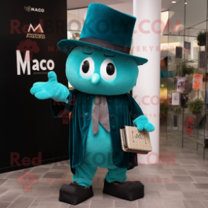 Teal Magician mascot costume character dressed with a Oxford Shirt and Messenger bags