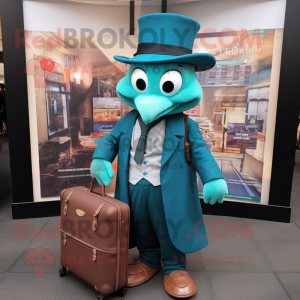 Teal Magician mascot costume character dressed with a Oxford Shirt and Messenger bags