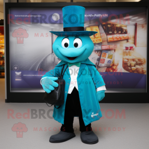 Teal Magician mascot costume character dressed with a Oxford Shirt and Messenger bags