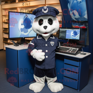 Navy Computer mascot costume character dressed with a Henley Shirt and Wallets