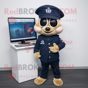 Navy Computer mascot costume character dressed with a Henley Shirt and Wallets
