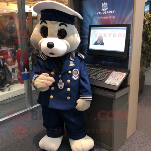 Navy Computer mascot costume character dressed with a Henley Shirt and Wallets