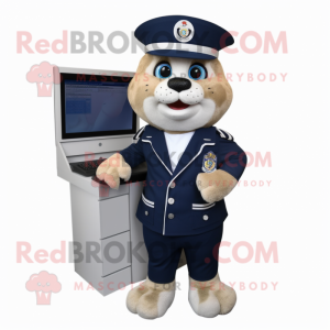 Navy Computer mascot costume character dressed with a Henley Shirt and Wallets